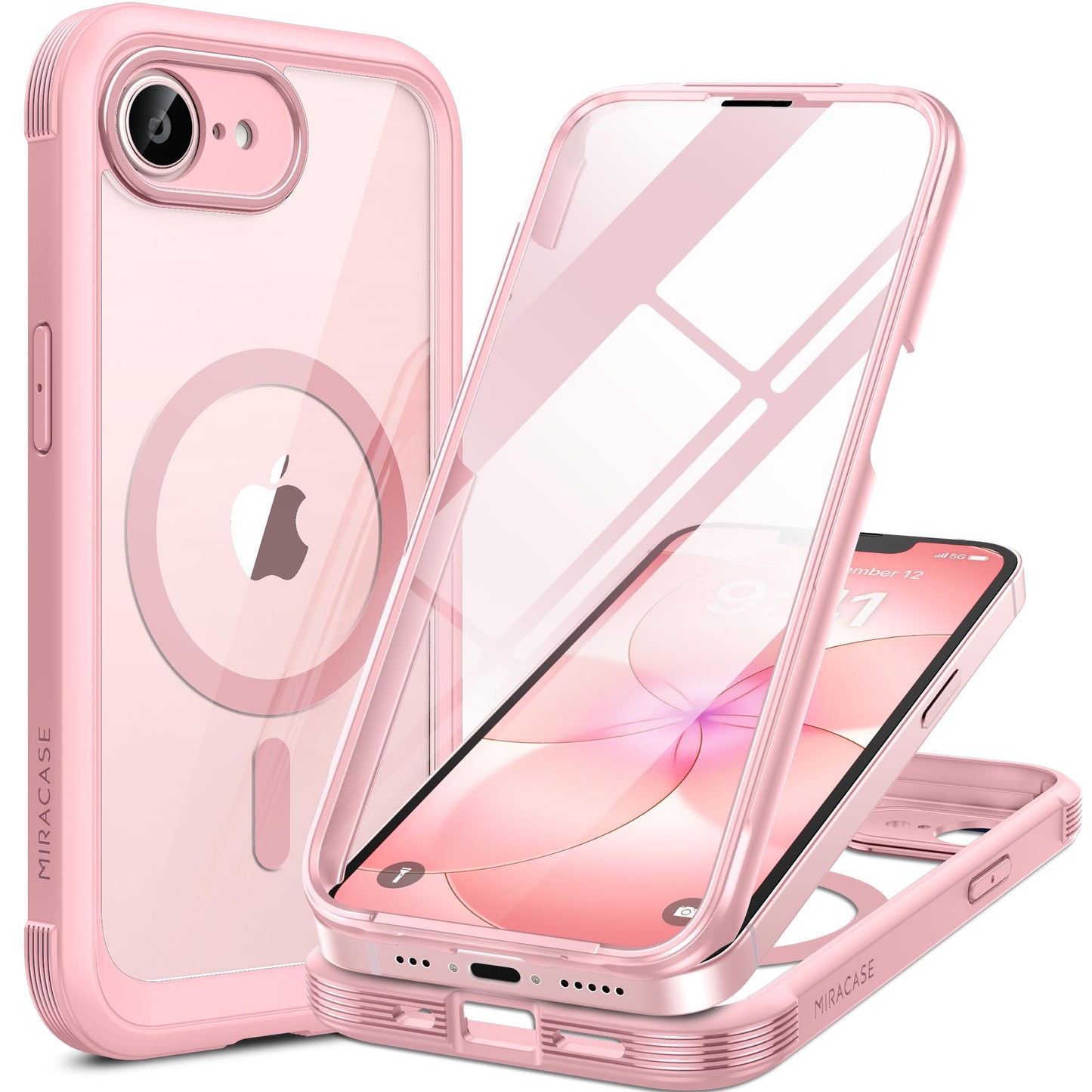 Miracase for iPhone 17e Case & iPhone 16e Case, Full-Body Phone with Built-in Glass Screen Protector, [Magnetic with MagSafe] Military Drop Proof 17 E/ 16 E Cover Bumper 6.1 inch, Pink