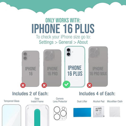 Smartish® iPhone 16 Plus Screen Protector + Camera Lens Covers - Tuff Sheet - 2-Pack Tempered Glass 9H Easy Install Frame Case-Friendly - Dynamic Island for Apple iPhone 16 Plus - Clear 2-Pack