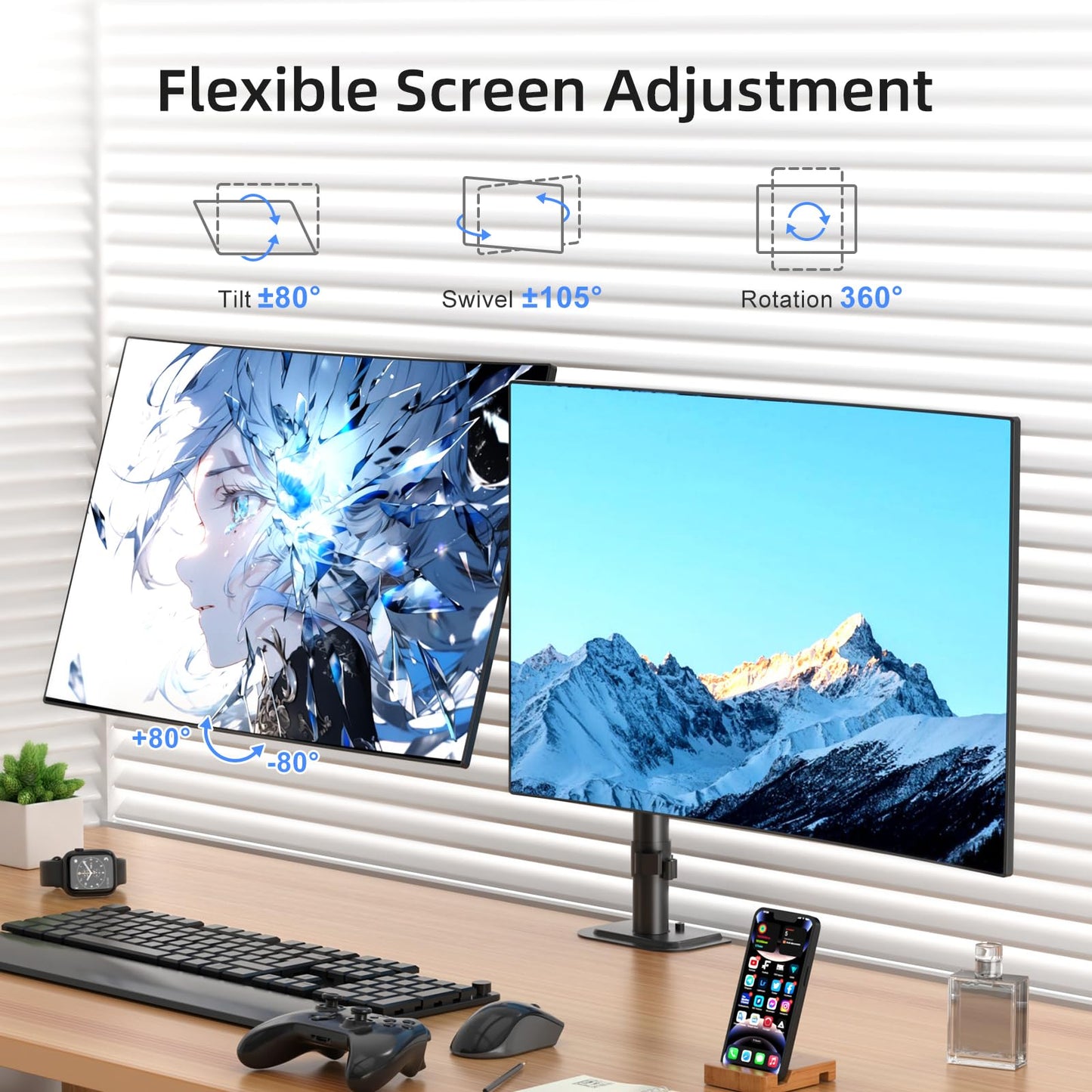 Suptek Dual Monitor Desk Mount, Adjustable Dual Monitor Arm for 2 Monitor Screens up to 43 inch, 15.75" Pole Monitor Stand for Desk, Holds up to 22 lbs, Black(MD9442LB)
