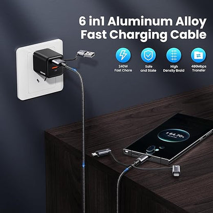 240W Multi Charging Cable, 4ft 6-in-1 USB C Cable Fast Charging Cords with USB-C/A Ports to IP/Type C/Micro Connectors for Pad/Cell Phones/Tablets/Laptop