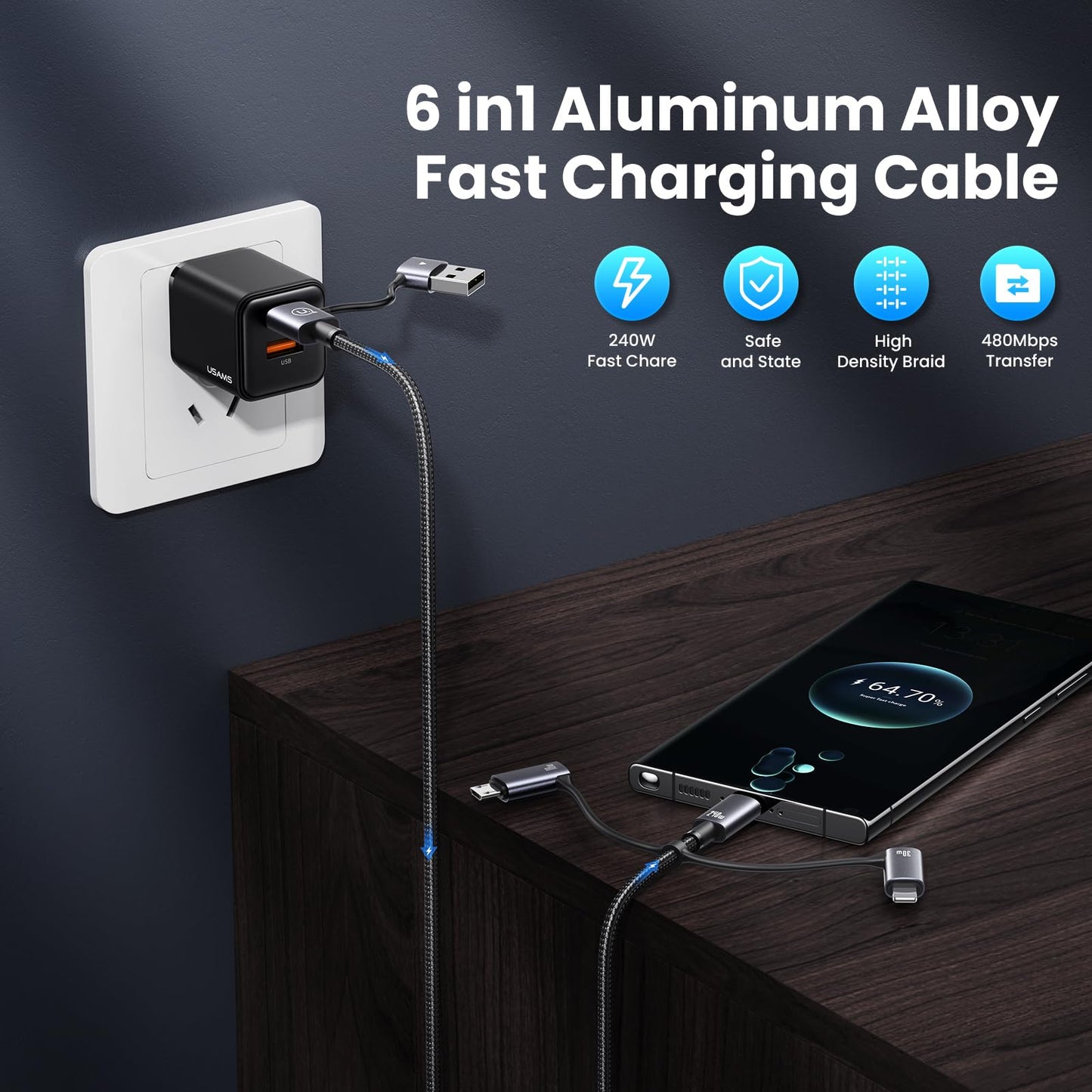 YOUSAMS 240W Multi Charging Cable, 4ft 6-in-1 USB C Cable Fast Charging Cords with USB-C/A Ports to IP/Type C/Micro Connectors for Pad/Cell Phones/Tablets/Laptop