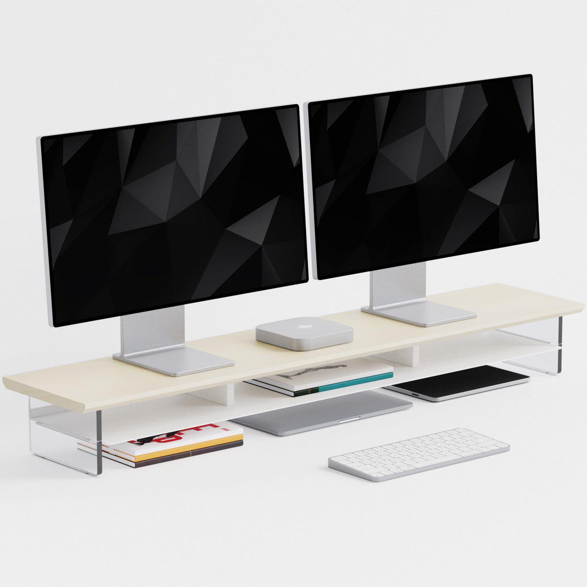 FENSULN Dual‑Tier Monitor Stand for Modern Desk Setup – Minimalist Wooden and Metal Riser Shelf with Transparent Acrylic Feet for Dual Monitors, Laptops, Home Office Aesthetic，Beige and White