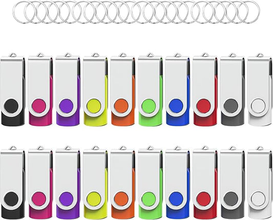 Flash Drives 16GB 20 Pack with Keychains, Swivel USB 2.0 Thumb Drives Bulk USB Drive Memory Stick Date Storage Pack (Mixcolors)