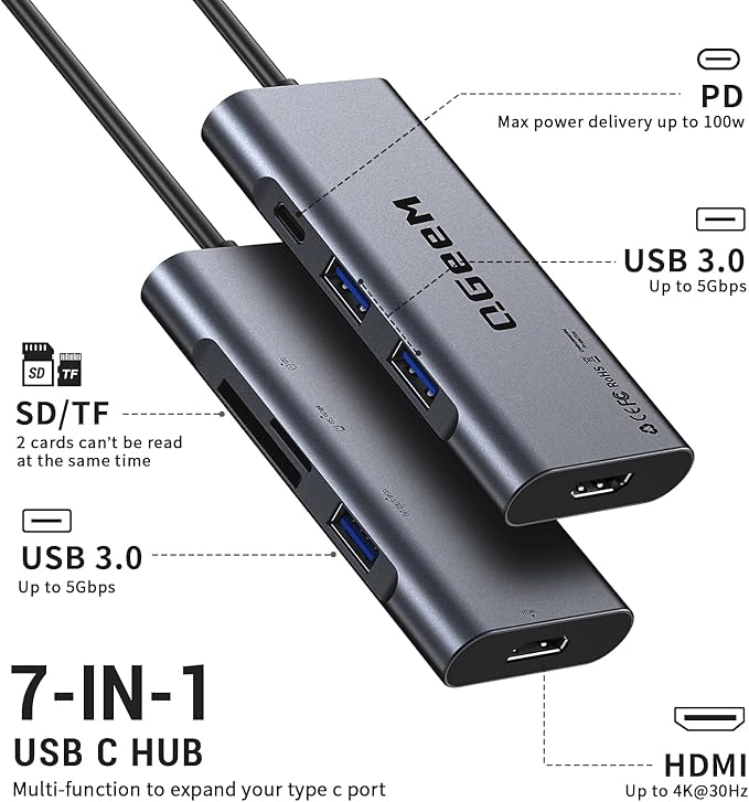 USB C Hub, QGeeM USB 4k to HDMI Adapter, 7 in 1 USB-C Dongle with 100W PD,USB 3.0, Card Reader, Compatible for MacBook iPhone 15/16 Ipad Pro max,Chromebook Laptop USB Type C Dock-Classic Grey