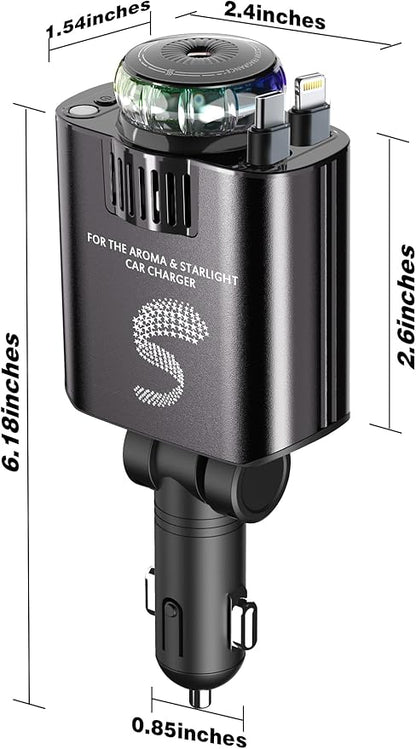 Retractable Car Charger USB C Fast Charging 120W, Car Accessories Cigarette Lighter Adapter with Aromatherapy Starlight, Car Charger iPhone16 15 14 13 12 11 Essentials Gift for Travelers, Men, Women