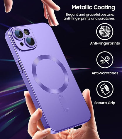 Magnetic for iPhone 15 Case [Compatible with MagSafe][Built-in Camera Lens Protector] Slim Soft Silicone Bumper Shockproof Metallic Shine Phone Case (Purple)
