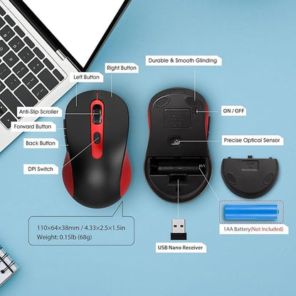 Wireless Mouse for Laptop, PC, Chromebook, Mac, MacBook, Silent Mouse with USB Nano Receiver, Side Button, 2400 DPI, Anti Slip Roller, 6 Button Ergonomics Cordless Computer Mice - Black Red