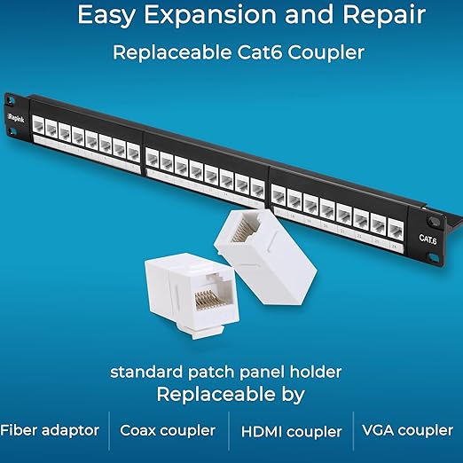 Rapink Patch Panel 24 Port Cat6 with White Inline Keystone 10G Support, Pass-Thru Coupler Patch Panel UTP 19-Inch with Removable Back Bar, 1U Network Panel for Cat6, Cat5e, Cat5 Cabling