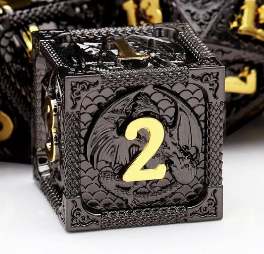 Haxtec Metal DND Dice Set Black Gold Metal D&D Dice with Fire-Breathing Dragon Elements & Leather Dice Bag Polyhedral Dice Compatible with Dungeons and Dragons TTRPG Gifts