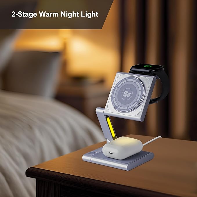 Fast Wireless Charging Station, Foldable for Travel w/Light, Modern All Aluminum Alloy Body, 4 in 1 Charger Compatible with MagSafe for Apple iPhone 16/15/14/13/12, AirPods and Apple Watch [Black]