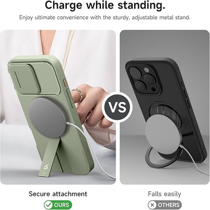 SURITCH for iPhone 16 Pro Max Case with Magnetic Camera Slide Cover and Adjustable Kickstand, Compatible with MagSafe, Shockproof Bumper Case Slim Protective Cover 6.9 Inch, Green