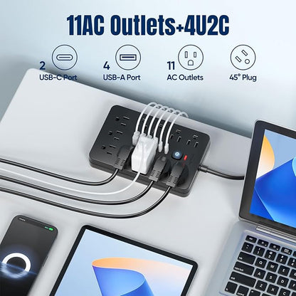 15 FT Flat Plug Surge Protector Power Strip,11 Multiple AC Outlets with 6 USB Ports (2 USB C), 15 Feet Extension Cord, 1250W/10A, One Touch Switch Button, 17 in 1 Compact powerstrip