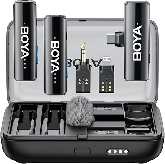 BOYA BOYALINK 2 Wireless Lavalier Microphone for iPhone Camera Android, Mini Lapel Micophone Wireless, 48 KHz 24 Bit, 6mm Mic, 1000ft, 30h Use, Noise Cancelling, Clip on Mic USB-C/Lightning/3.5mm TRS
