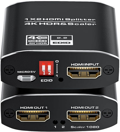 1x2 HDMI Splitter, HDR 4K@60Hz HDMI spliter 1 in 2 Out, Supports HDMI 2.0, HDCP 2.2, Mirror Screen Monitors Supports EDID Control for Xbox PS3/4/5 PC DVD Fire Stick Blu-Ray Player TV