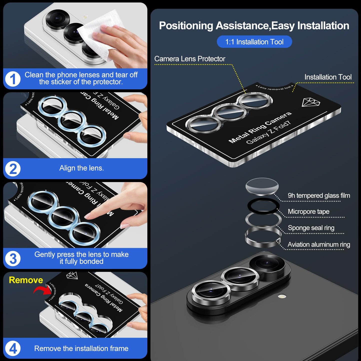 Avocase for Samsung Galaxy Z Fold 7 Camera Lens Protector, Individual Metal Ring Tempered Glass Lens Cover, [Strong Adsorption] Scratch Resistant Ultra-Thin HD Clear Lens Cover, 1 Set-Black