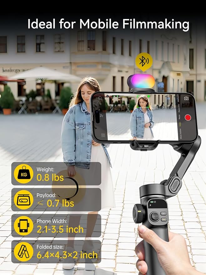 Gimbal Stabilizer for iPhone, Phone Gimbal w/RGB Magnetic Fill Light, Foldable Gimbal Built in 7.8' Extension Rod and OLED Display for iPhone/Android Excellent for Vlogging-Smart X2 Kit Black