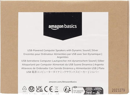 Amazon Basics Stereo 2.0 Speakers for PC or Laptop with Volume Control, 3.5mm Aux input, USB-Powered, 1 Pair, Silver