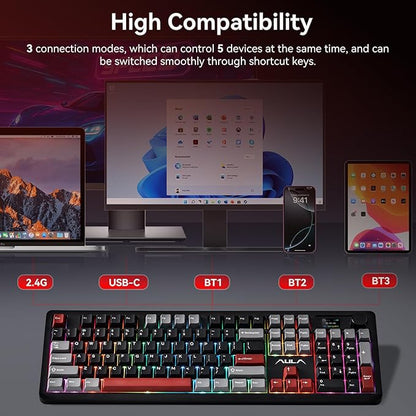 AULA F106 PRO Mechanical Wireless Keyboard,Gaming Keyboard with Knob & Screen Tri-Mode RGB Hot Swappable Custom PBT Keys with 8000mAh for PC/Laptop/Windows - Black Red