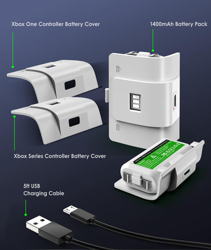 6amLifestyle Rechargeable Xbox Controller Battery Pack, Play and Charge Kit with Cable Compatible with Xbox Series X|S, Xbox One, S, X, Elite, Replacement Accessories,2 Pack Batteries, 4 Covers,White