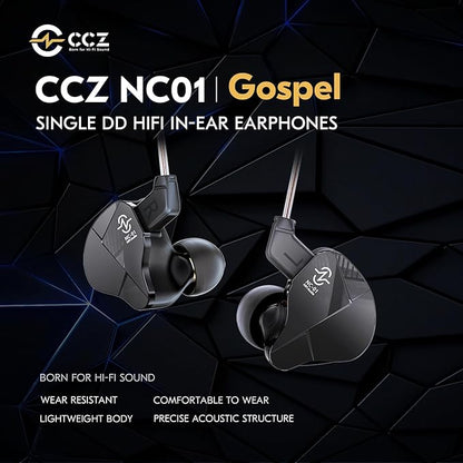 CCZ NC01 Gospel Gaming Earbuds, Stereo Sound in Ear Monitor Headphone Wired, Customized Dual Magnetic DD IEMS Earphone with Detachable Tangle-Free Cable PC Cavity for Computer(without mic,Clear Black)