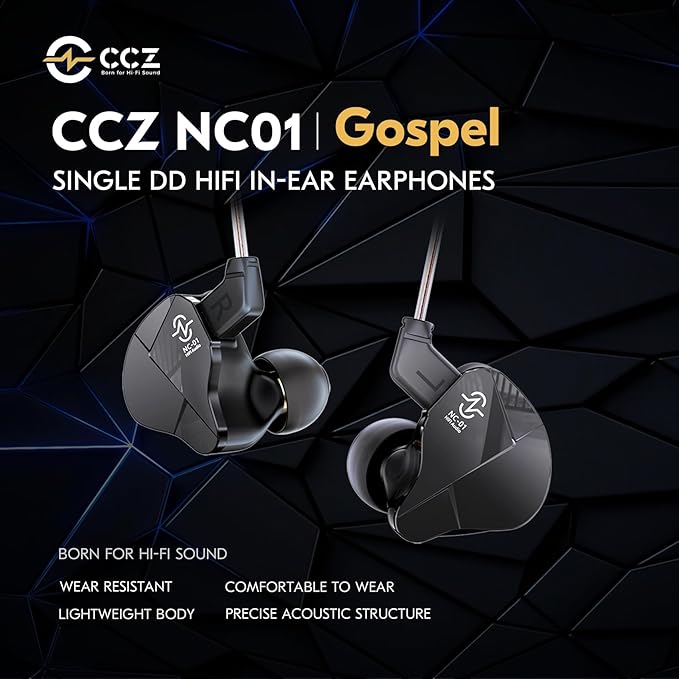 CCZ NC01 Gospel Gaming Earbuds, Stereo Sound in Ear Monitor Headphones Wired, Customized Dual Magnetic DD IEMS Earphone with Detachable Tangle-Free Cable PC Cavity for Computer(without mic,Dark Black)