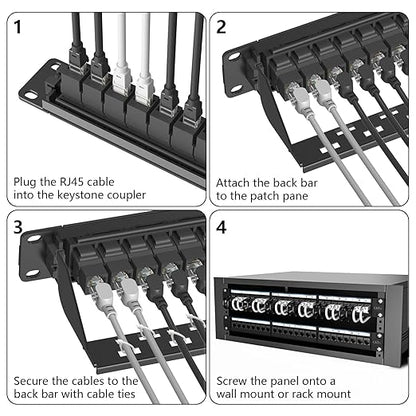 Jadaol 24 Port Patch Panel Rackmount or Wall Mount 19-Inch, 1U Cat6 Network Panel Preloaded with 24 Keystone Couplers plus 1 Spare, 10Gbps Ethernet Patch Panel with Cable Management & Back Support Bar