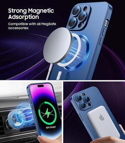 LEKEVO Magnetic for iPhone 14 Pro Max Case [Compatible with MagSafe][Built-in Camera Lens Protector] Slim Soft TPU Bumper Shockproof Metallic Luster Phone Case (Blue)