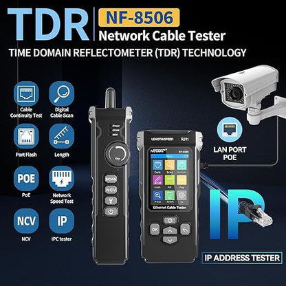 NOYAFA NF-8506 Network Cable Tester with RJ45 Crimp Tool, CAT5 CAT6 Network Tester, IP Scan, PoE Ping Test, Network Rate Test, Port Flashing, RJ45 RJ11 Ethernet Cable Tester with Crimper Stripper