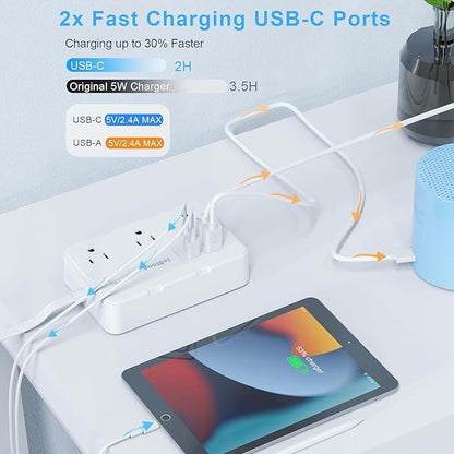 Flat Plug Power Strip Surge Protector, 5ft Ultra Thin Extension Cord with 4 USB Wall Charger(2 USB C Port), 6 Widely-Spaced Outlets Power Strip Compact for Travel, Office, Dorm Room Essentials (White)