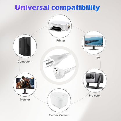 Adoreen 6 Ft Computer TV Replacement Power Cord White, 90 Degree Angled L-Shaped 18AWG 3-Prong AC Universal Power Supply Cable NEMA 5-15P to IEC 320 C13 for Printer, PC, Monitor TV LCD, ETL+Ties
