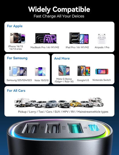 USB C Car Charger Cigarette Lighter Adapter 75W 4-Port Fast Car Charger Fast Charging Compatible with iPhone16/15/14/13 Series