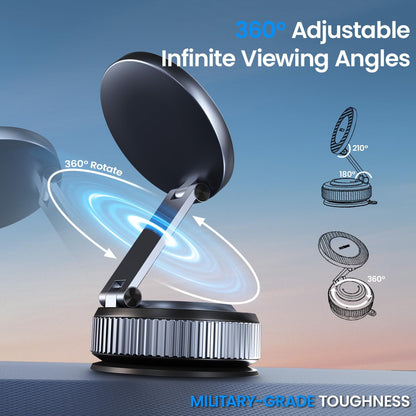 BEEGROW Magnetic Car Phone Holder for Magsafe, Alloy 360° Folding Cell Car Phone Mount with Ultra Stable Suction Cup and Reusable Gel, Dashboard Windshield Stand for iPhone 17-12 Android Pixel Samsung