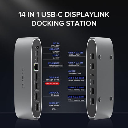 Displaylink Docking Station, Triple Display DisplayLink Dock for MacBook M1/M2/M3 Windows, 4K@60Hz Laptop Docking Station with 2 HDMI, 2 Display Port, PD, USB C Data, 4 USBA, Ethernet, Audio