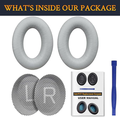 SoloWIT Ear Pads Cushions Replacement, Earpads for Bose QuietComfort 35 (QC35) and Quiet Comfort 35 II (QC35 II) Over-Ear Headphones, Softer Leather, Noise Isolation Foam - PL Silver