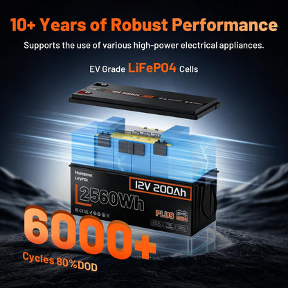 HumsiENK 12V 200Ah LiFePO4 Lithium Battery – Max. 2560Wh, 6000-15000 Deep Cycle Battery with 250A BMS, Low-Temp Cutoff | A+ Grade Cells for Marine, Trolling Motor, Off-Grid Home Energy Storage