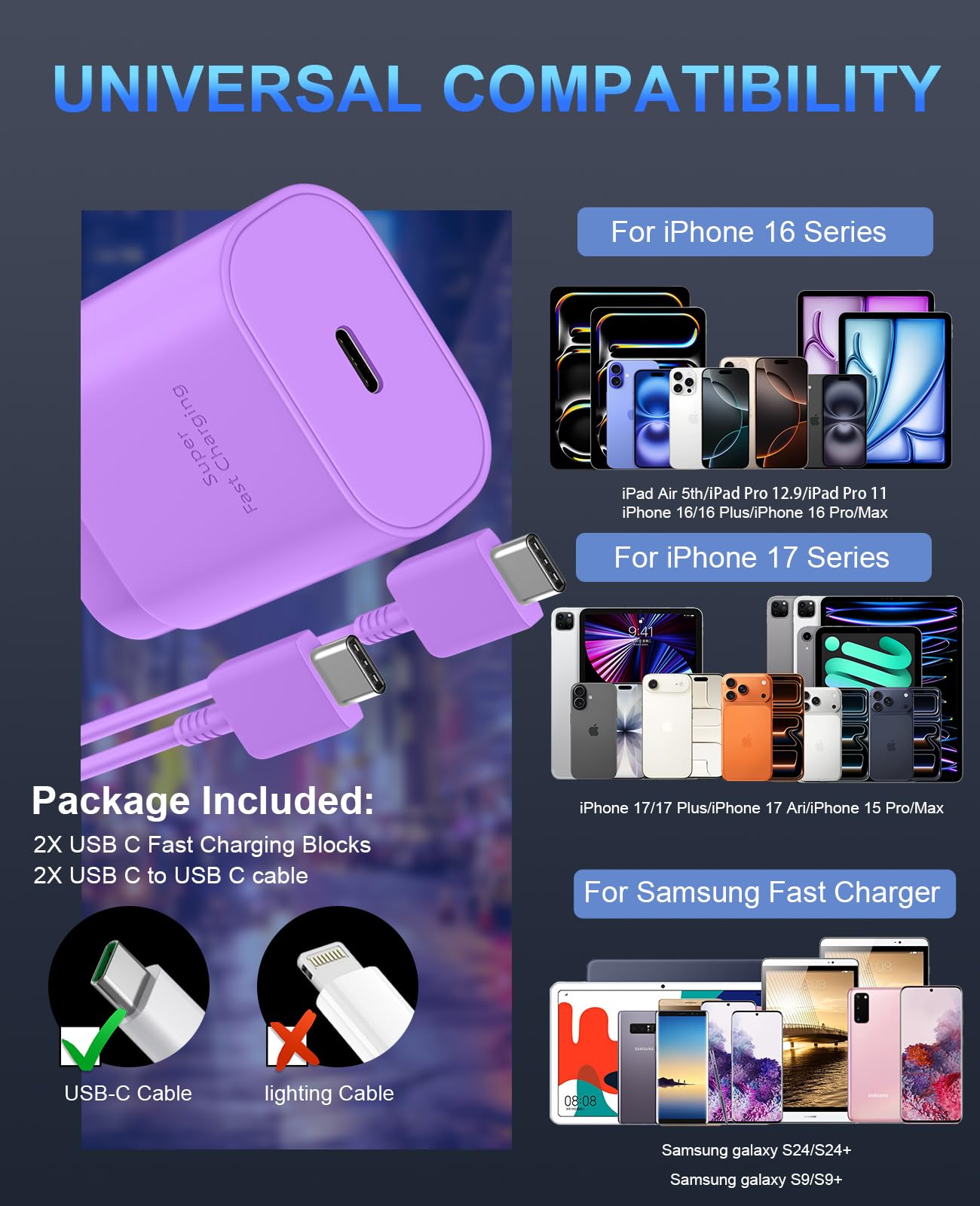 Phone 17 16 15 Charger Fast Charging,30W USB C Phone 17 16 15 Pro Max Charger Block &10FT Long Type C Cable Cord for i.Phone 17/17 Air/17 Pro/17 Pro Max/16/16 Plus/16 Pro Max/15/15 Pro Max,Purple