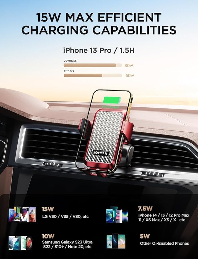 JOYMASS Wireless Car Charger, Phone Holders for Your Car, 15W Auto Clamping Phone Mount Car Accessories for iPhone 16 15 14 13 12 Mini Pro Max 11, Samsung Galaxy S24 Ultra S23 S22+ Note 20, etc - Red