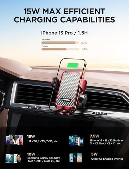 JOYMASS Wireless Car Charger, Phone Holders for Your Car, 15W Auto Clamping Phone Mount Car Accessories for iPhone 16 15 14 13 12 Mini Pro Max 11, Samsung Galaxy S24 Ultra S23 S22+ Note 20, etc - Red