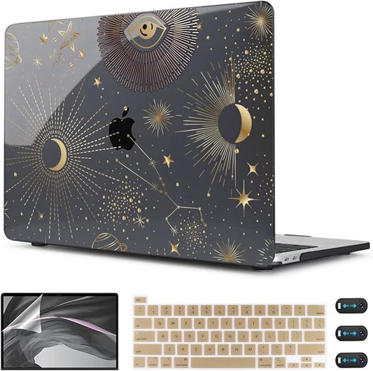 CISSOOK Case for MacBook Pro 13 Inch 2025-2020 Release Model M2 Chip A2338 M1 A2251 A2289, Black Style Hard Cover with Keyboard Cover for M2 MacBook Pro 13 with Touch Bar，Moon Star