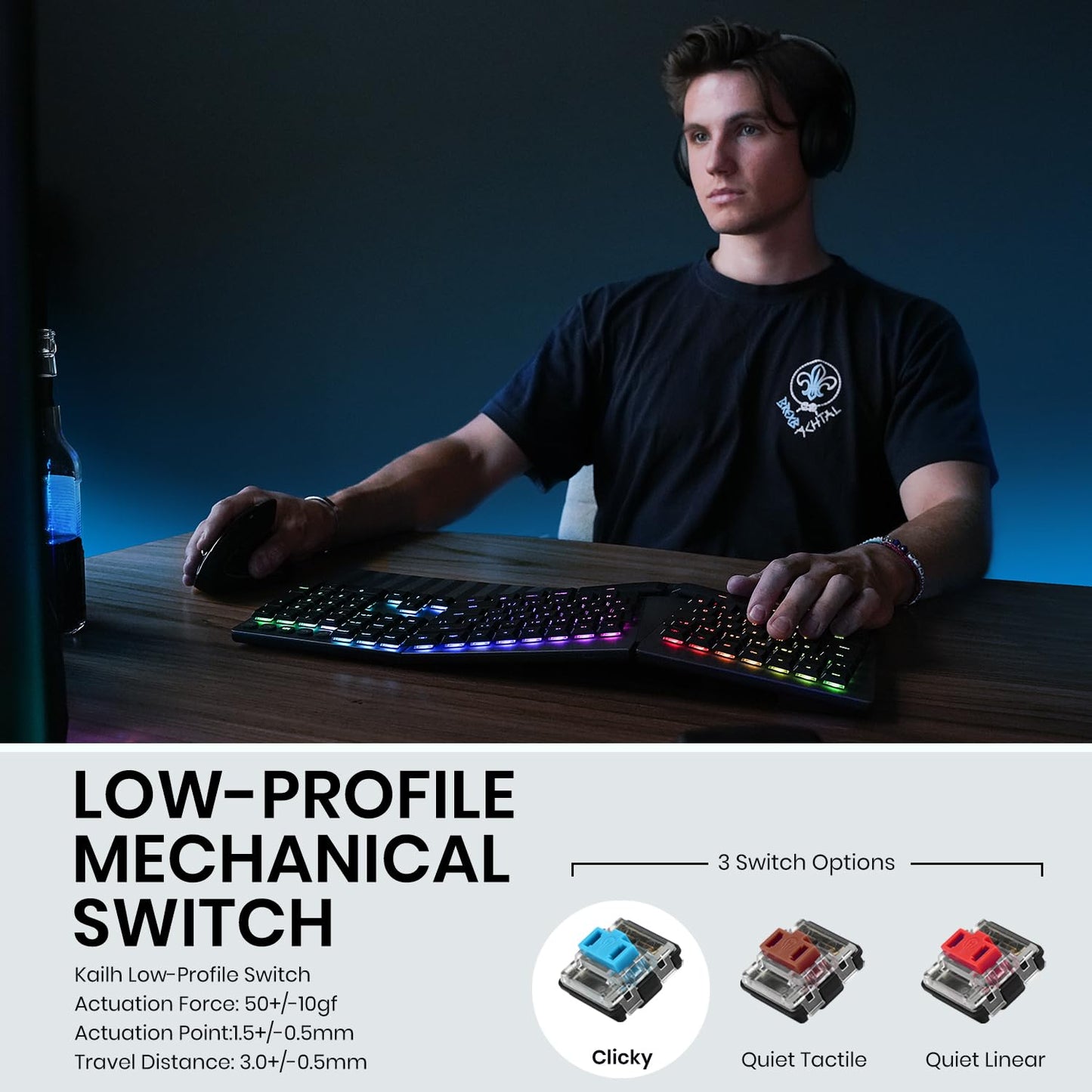 Perixx PERIBOARD-835BL Wireless Ergonomic Mechanical Keyboard - RGB Backlit - Low-Profile Blue Clicky Switches - Multi-Device Connection - Compatible with Windows and Mac OS X - US English