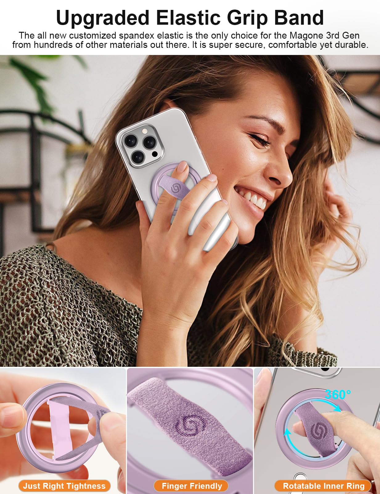 EWA MagOne Lite 3rd Gen Cell Phone Ring Holder, with Replaceable 360° Rotation Elastic Finger Strap, Phone Grip Compatible with,15,14,13 Pro/Max/Plus-(Purple)