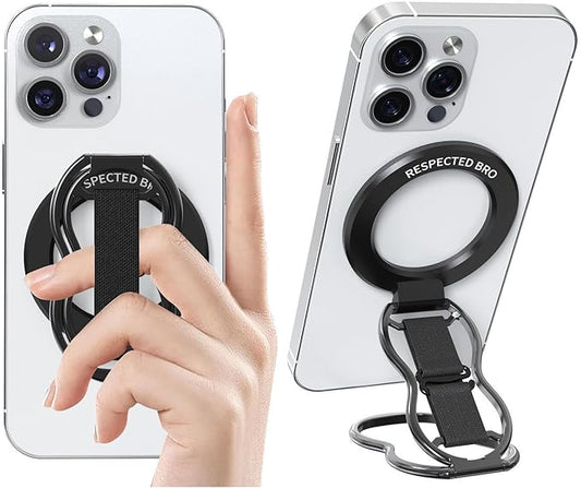 RESPECTED-BRO-Magnetic-Phone-Grip-Stand-with-Finger-Strap, 4-in-1 Magnetic Ring Holder, Kickstand and Elastic Strap for Phones, Universal Fit for iPhone 17/16/15/14/13/12, Android, and Cases (Black)