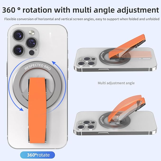 RESPECTED-BRO-Magnetic-Phone-Grip-Stand, Magnetic Phone Ring Holder Kickstand with Silicone Finger Strap, Compatibility for iPhone 17/16/15/14/13/12, Android, and More (Orange)
