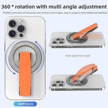 RESPECTED-BRO-Magnetic-Phone-Grip-Stand, Magnetic Phone Ring Holder Kickstand with Silicone Finger Strap, Compatibility for iPhone 17/16/15/14/13/12, Android, and More (Orange)
