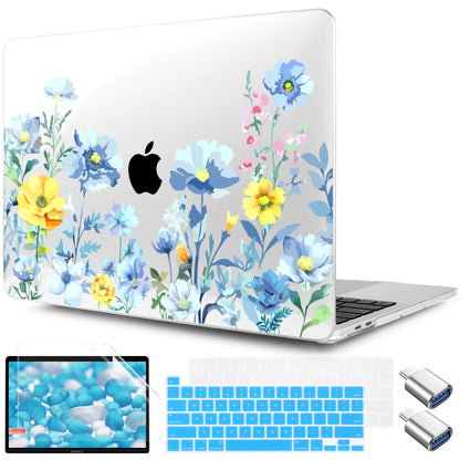 TWOLSKOO Compatible with MacBook Pro 13 inch Case 2023-2016 A2338 M2/M1 A2251 A2289 A2159 A1989 A1706, Plastic Hard Shell Cover & Keyboard Skin & Screen Protector, Blue Flowers