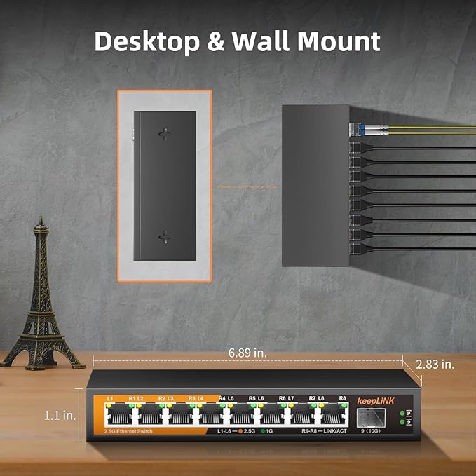 keepLiNK 8 Port 2.5G Switch Unmanaged, Ethernet Switch with 8 x 2.5G Base-T Ports, 1 x 10G Base-T SFP Slot, 60Gbps Switching Capacity, Plug & Play, Fanless Metal, Wall Mountable