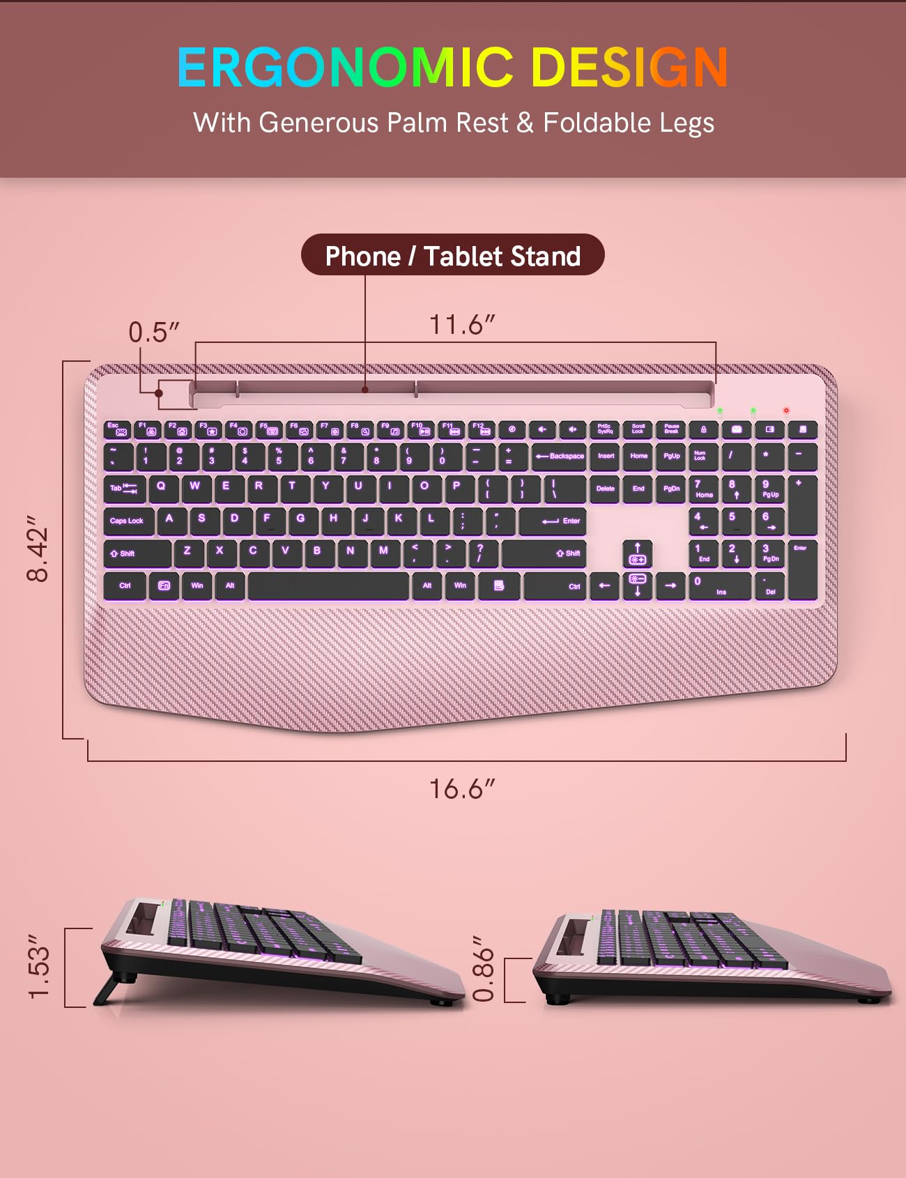 Wireless Keyboard, 7 Colored Backlits, Wrist Rest, Phone Holder-Rose gold