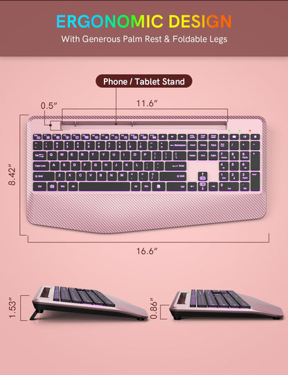 Wireless Keyboard, 7 Colored Backlits, Wrist Rest, Phone Holder-Rose gold