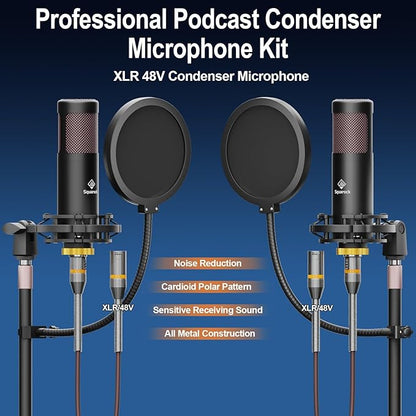 Podcast Equipment Bundle for 2 with Dual 48V XLR Condenser Micophones with Mic Pop Filters Audio Equipment for Live Streaming/ Recording, Online Gaming for Phone/ Laptop/ PC Audio Interface M100
