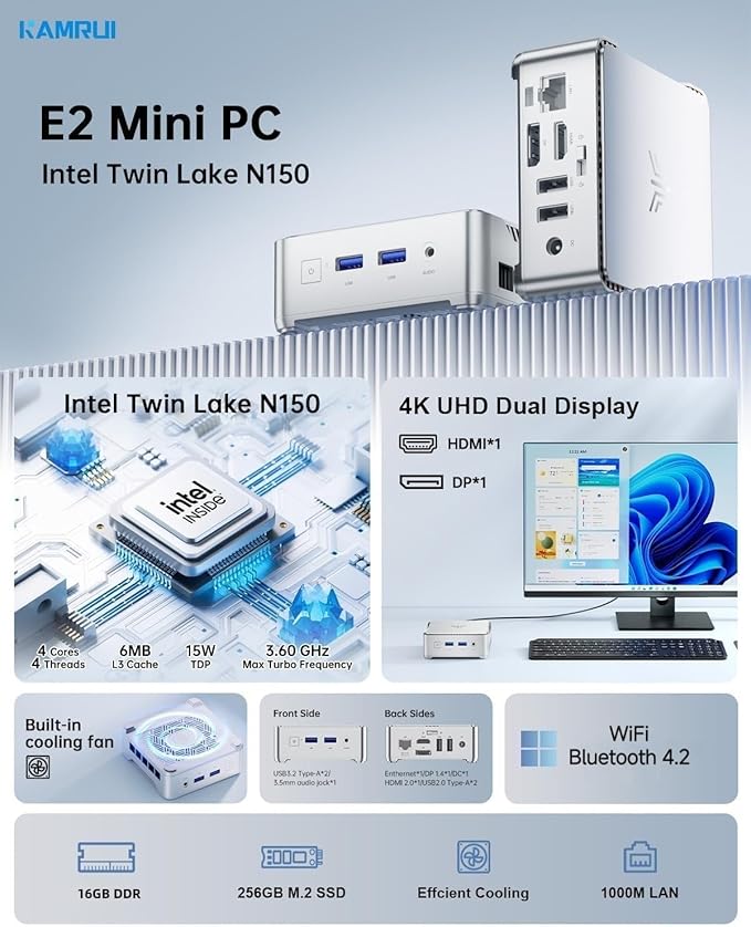 KAMRUI Essenx E2 Mini PC Computers 11 Pro Twin Lake N150, 8GB RAM 256GB M.2 SSD, Micro PC Support 4K Triple Display/USB3.2/WiFi/BT/DP/Gigabit Ethernet Mini PC Home/Office